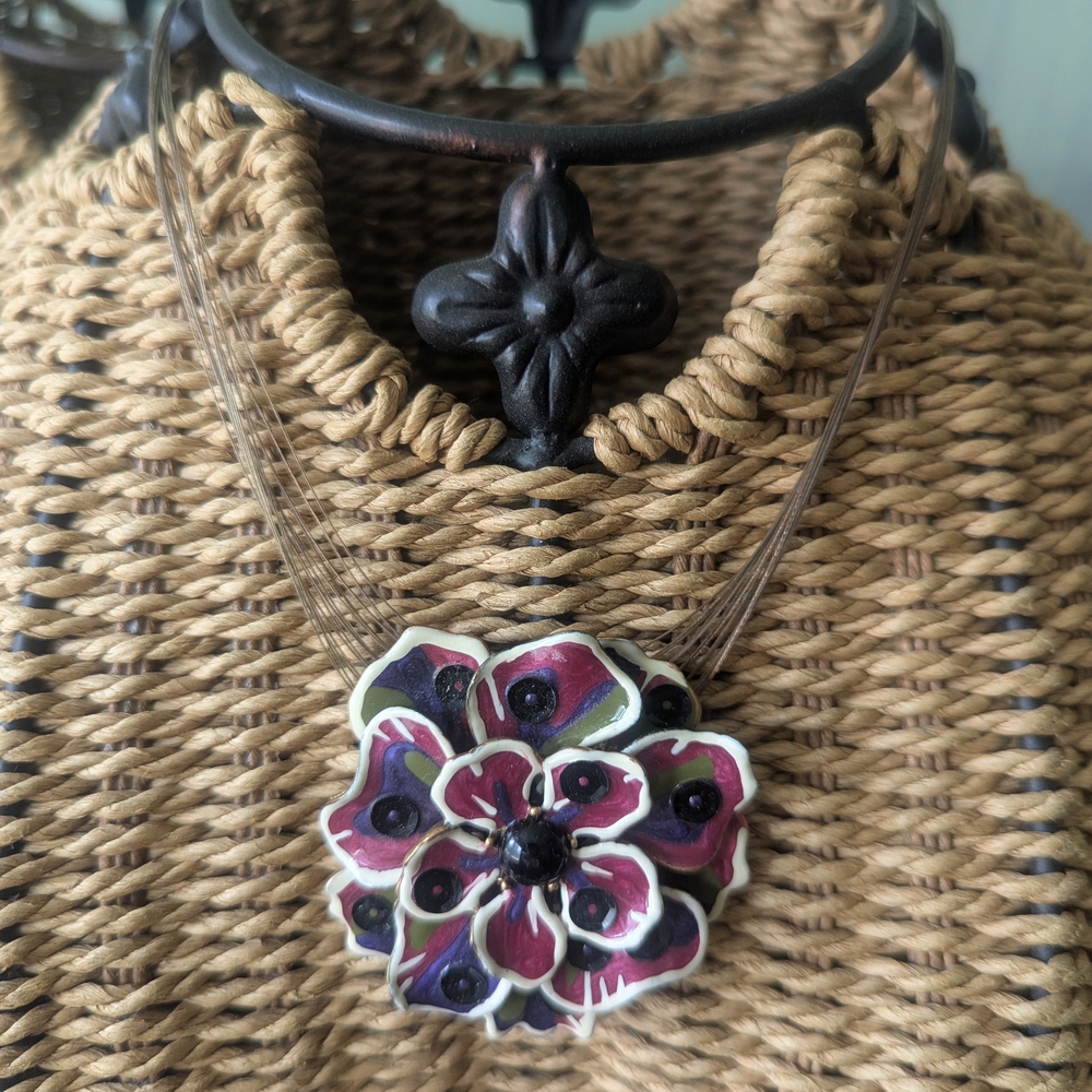 Floral Pendant Necklace with Red and Black Accents